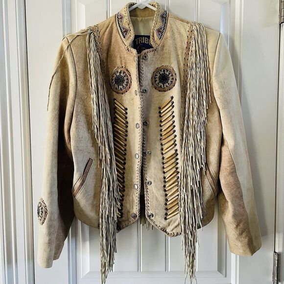 Tribe America Jackets & Blazers - Vintage Tribe America Leathers Western Fringe Warrior Jacket Beaded Bone 6 USA
